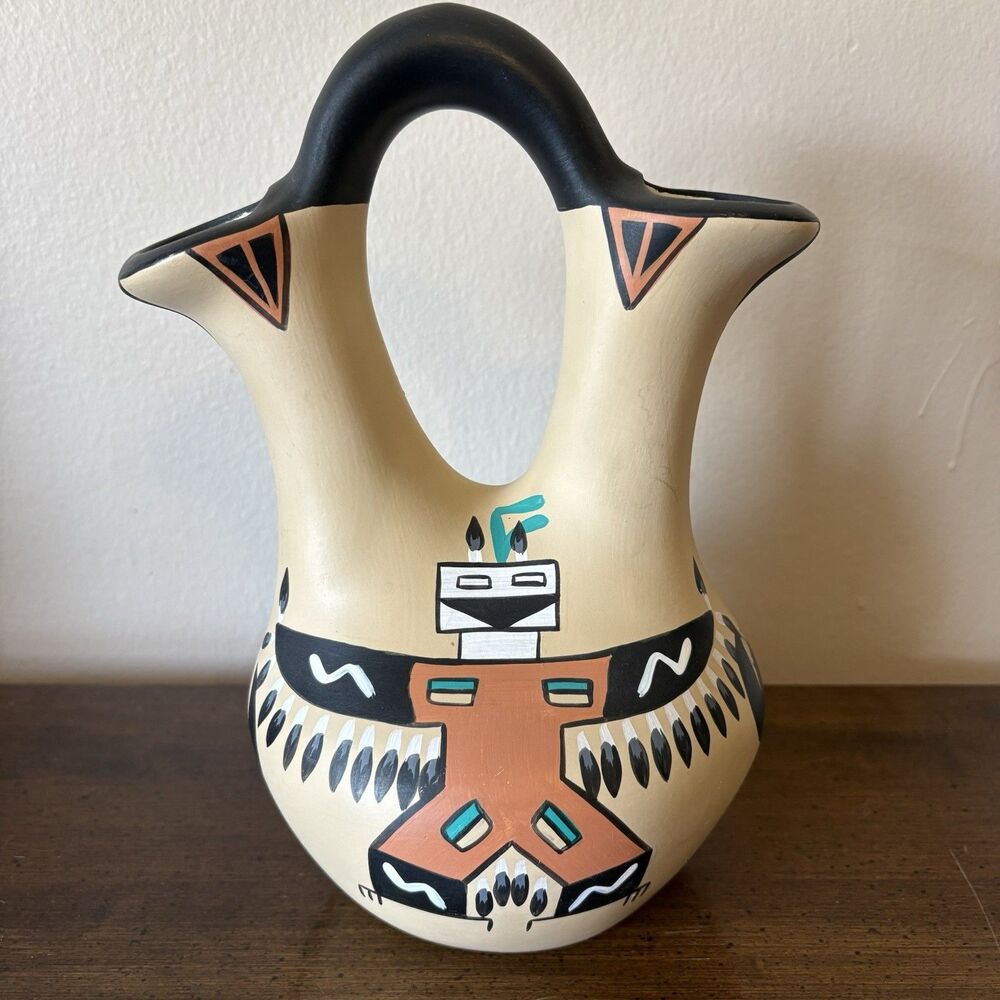 Vintage Double Spouted Southwestern Style Hand Signed Wedding Vase Black Brown